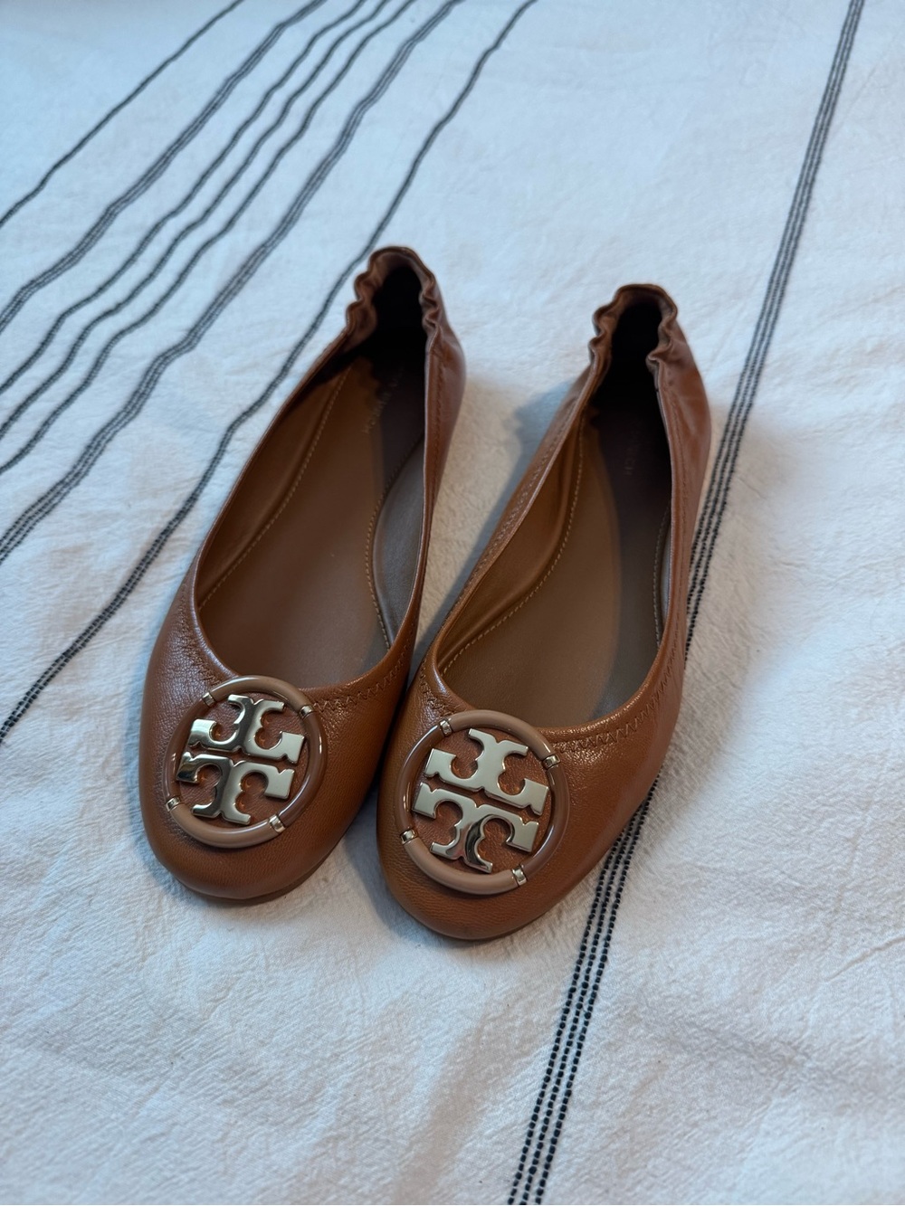 Tory Burch Cognac Leather Logo Ballet Flats